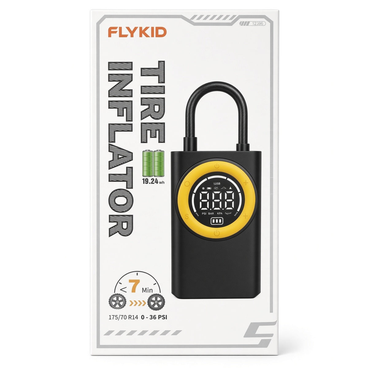 FLYKID Cordless Tire Inflator T2198 — Portable Air Compressor, Digital Gauge, LED Light, 19.24Wh Battery, 3–150 PSI