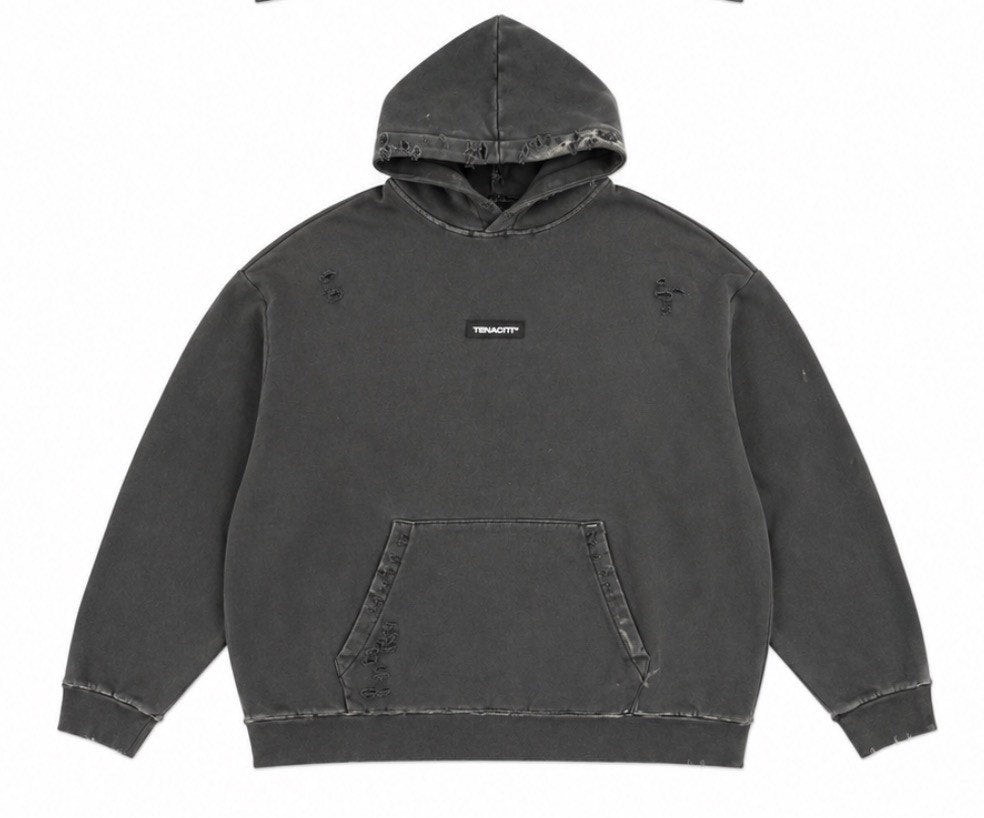 tenaciti grey splatter hoodie ripped pocket