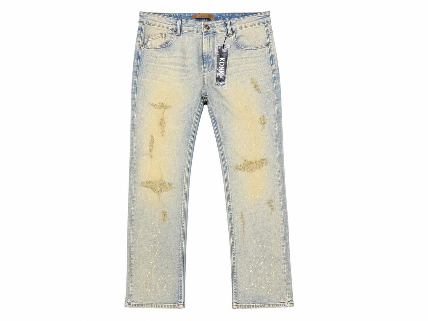 KDNK light blue and beige paint splatter jeans