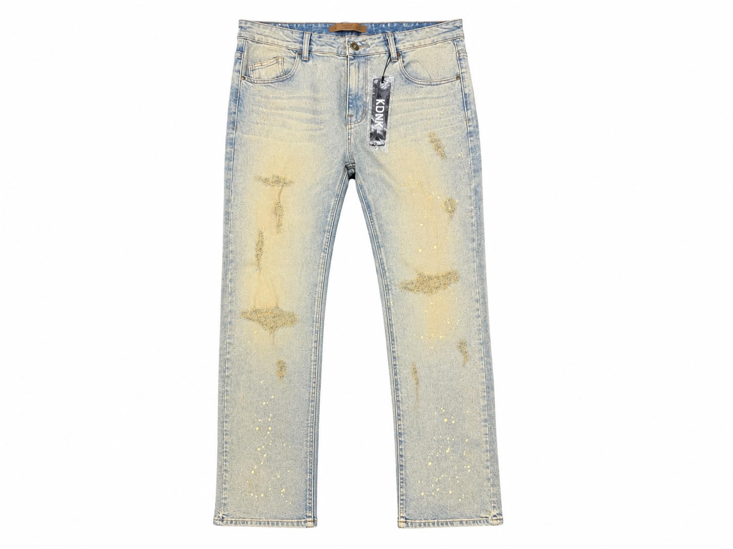 KDNK light blue and beige paint splatter jeans